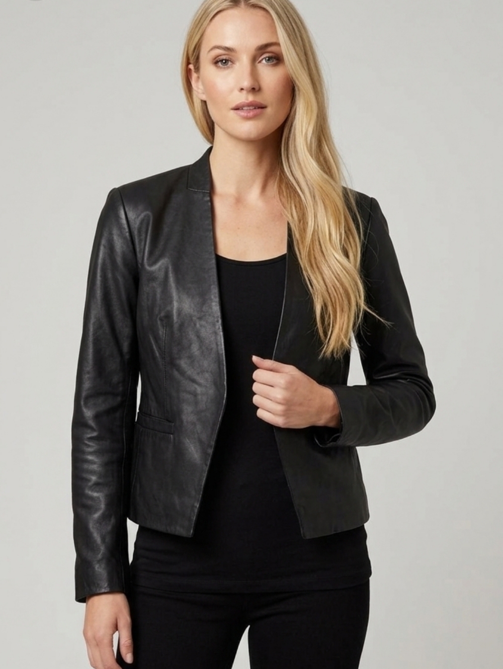 Theory Women's Black Lambskin V Neck Fitted V Neck Open Blazer Jacket! 00